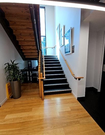 Staircase with dark treads and wooden handrails on both sides. Level light wood floorboards at base transition to black flooring. A yellow 'wet floor' sign and potted plant are nearby.