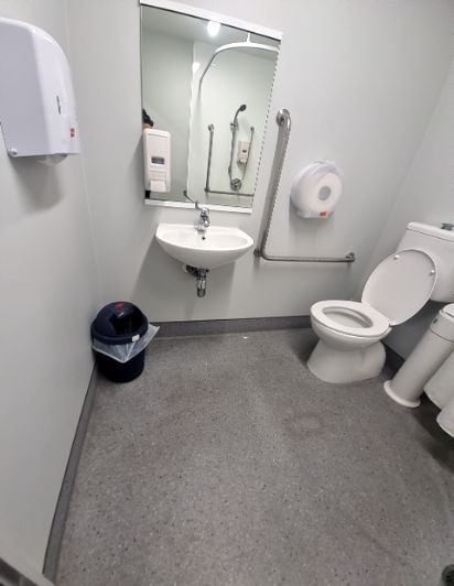 Accessible toilet facility with an L-shaped grab bar next to the toilet and a long horizontal grab bar. Features wall-mounted sink, paper towel, and toilet paper dispensers. Level grey floor.
