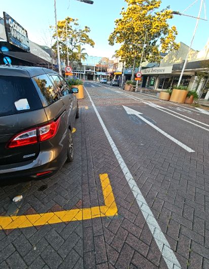 Level herringbone brick street with a car in a yellow marked bay. White line separates the level pathway from the road. Shopfronts at street level with planters, trees, and street lighting.